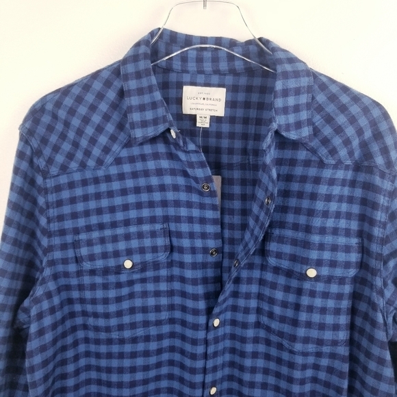 Lucky Brand Saturday Stretch Blue Checkered Flannel Snap Front Shirt NWT - Picture 6 of 11